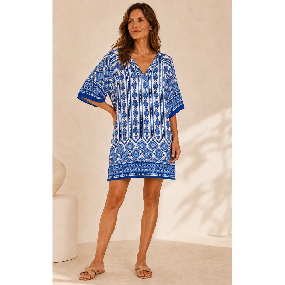 Glam Tunic Dress Women Medium Blue White NWT Geometric Raglan V Neck Mini Boho - Picture 1 of 11